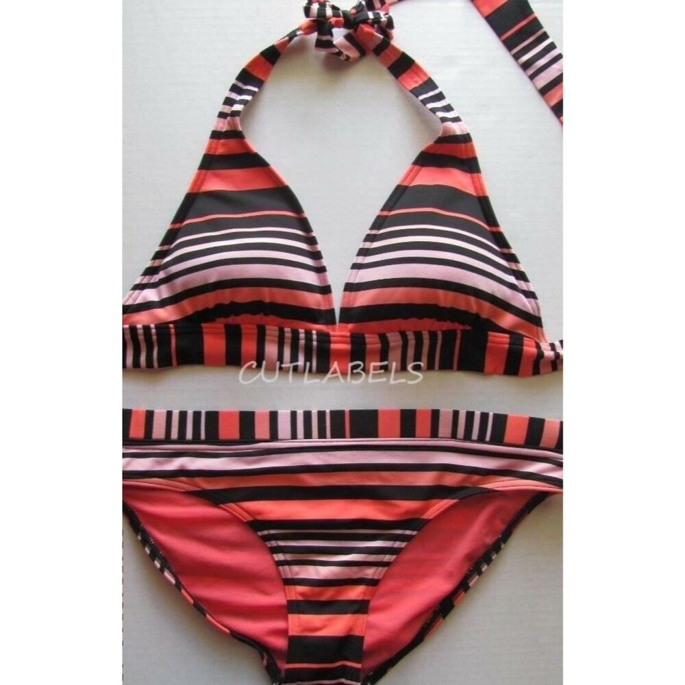 JAG Halter Bikini Pink Black Stripes Colorful Swim Bathing Suit XL
